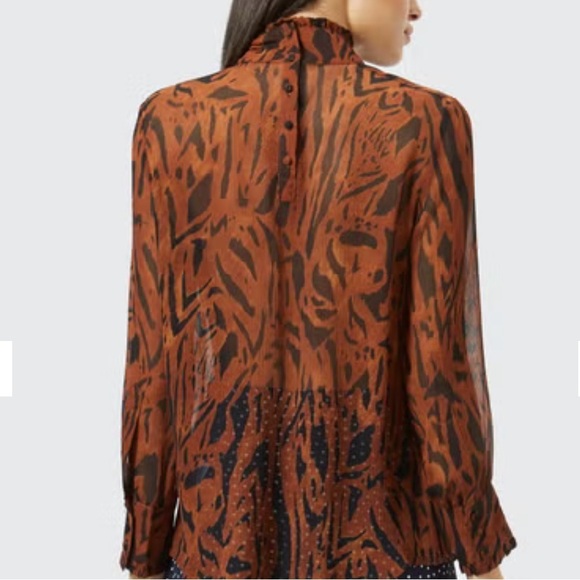 RIXO Victoria Brown Animal Print High Neck Silk Ruffle Blouse. Size Small - Picture 3 of 11